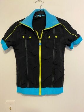 Zumba Fitness Black Jacket with Aqua Blue Trim and Neon Yellow Logo